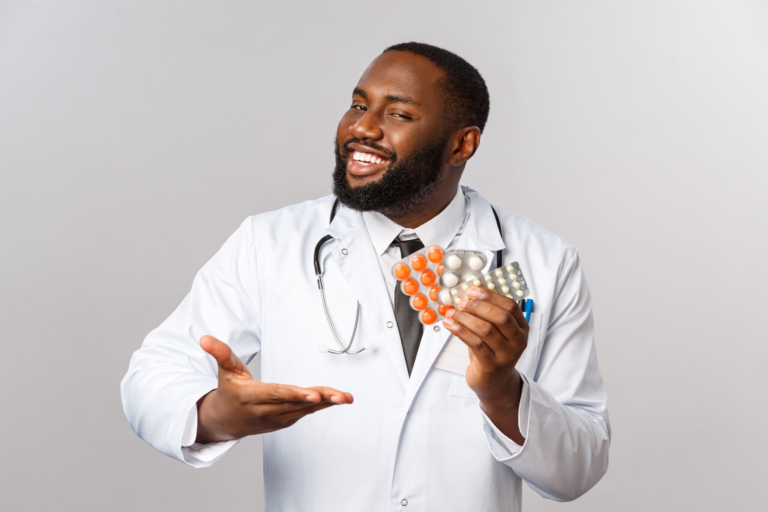 flu disease healthcare medicine concept happy african american male doctor white coat present new drugs cure from disease viruses showing pills guarantee good quality treatment scaled 1.webp