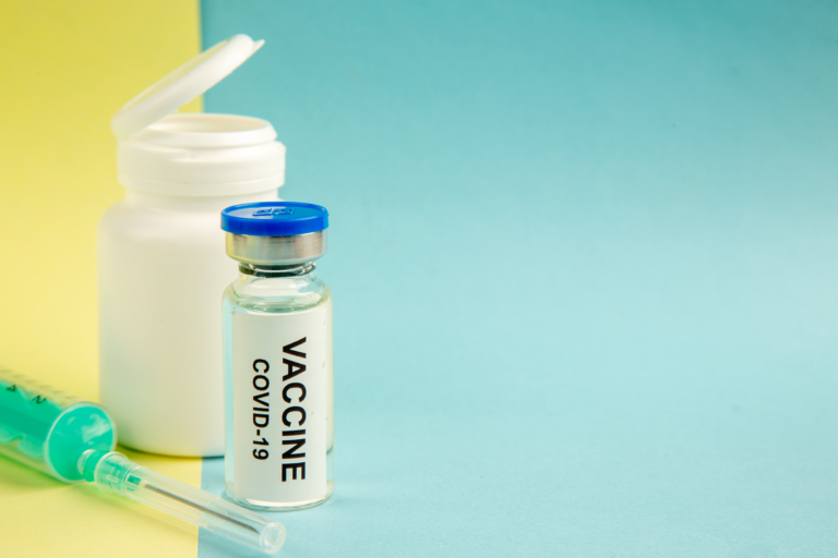 front view coronavirus vaccine with injection yellow blue background hospital virus covid science lab health drug pandemic color free space